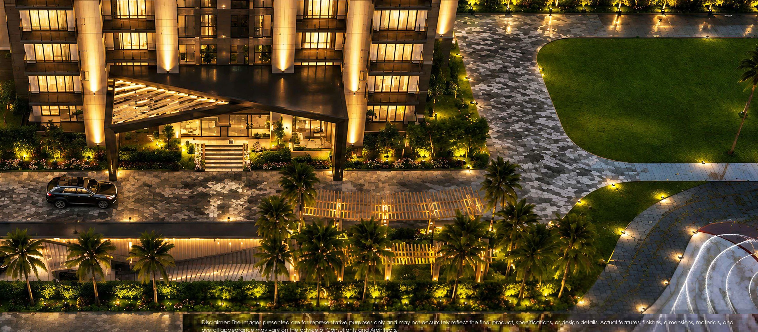 Architectural rendering of landscaped grounds and driveway
