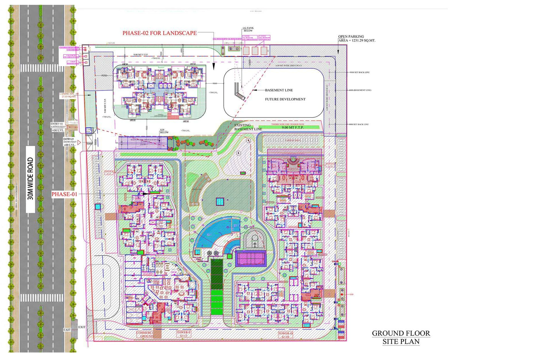 Ground floor site plan along 30 m wide road