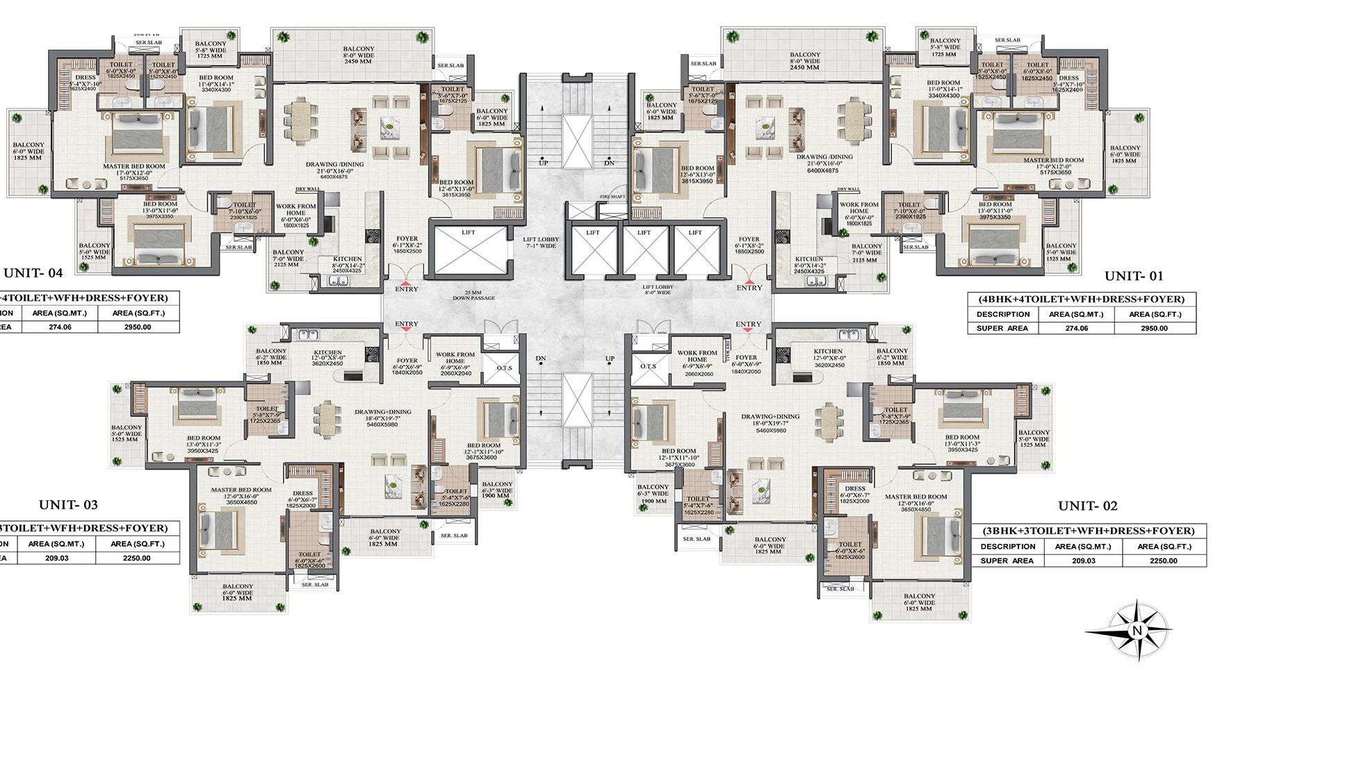 Typical floor plan showing four units around the core